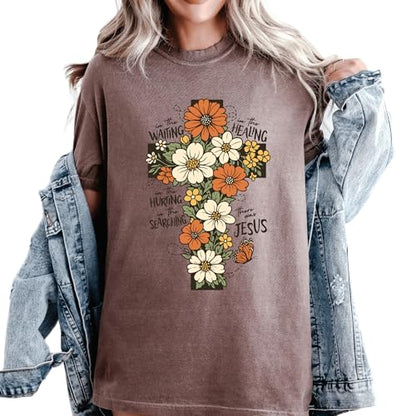 Daytee Christian Floral Cross Shirt Garment Dyed Faith Tee Inspirational Jesus Shirt Religious Flower Graphic Shirt - size: Large