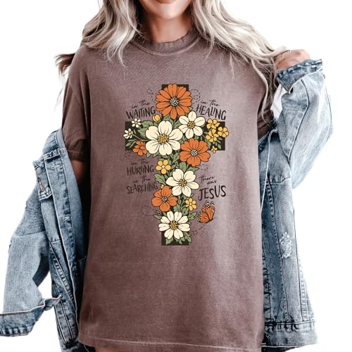 Daytee Christian Floral Cross Shirt Garment Dyed Faith Tee Inspirational Jesus Shirt Religious Flower Graphic Shirt - size: 3X-Large