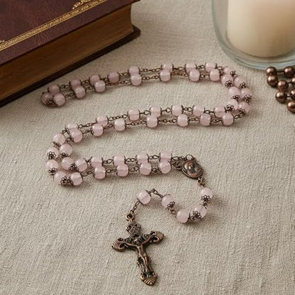 Nazareth Store Natural Stone Beads 8mm Rosary Necklace Antique Copper Design Holy Soil Medal & Cross in Velvet Bag - Catholic Rosaries Terra Santa Jerusalem Collection - color: Rose Quartz