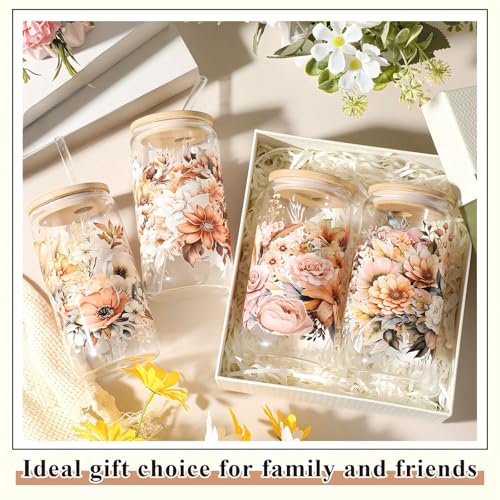 Mumufy 4 Pack Fall Flower Glass Cup, 16 oz Tumbler Mug with Bamboo Lid - style: Fall Flower