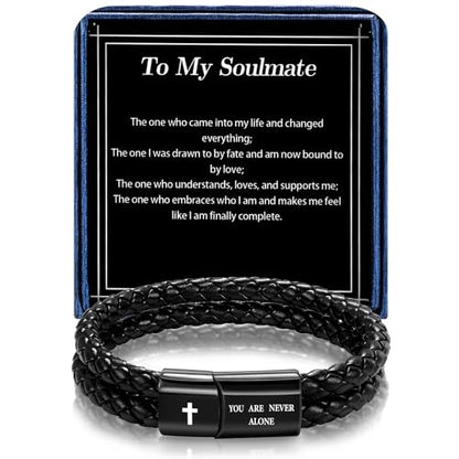 Christian Bracelet for Men, Bible Verse Leather Cross Gift for Men - color: A-To My Soulmate