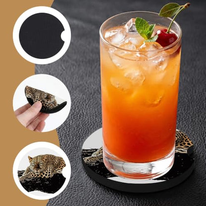 Black Leopard Car Coasters for Cup Holders, Absorbent Car Coaster for Women - color: Black Leopard