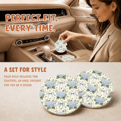 Blue Hydrangea Bow Coquette Car Coasters, Retro Floral Cup Holders, 22 - color: Blue Hydrangea Bow