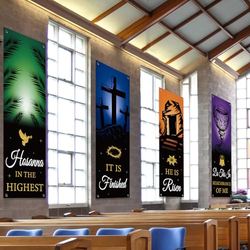 4Pcs Easter Church Banners for Sanctuary Wall Welcome Religious Banners Hanging Backdrop He is Risen Easter Porch Signs Bible Verses Banner Scripture Hanging Signs for Church School Decor - style: He is Risen