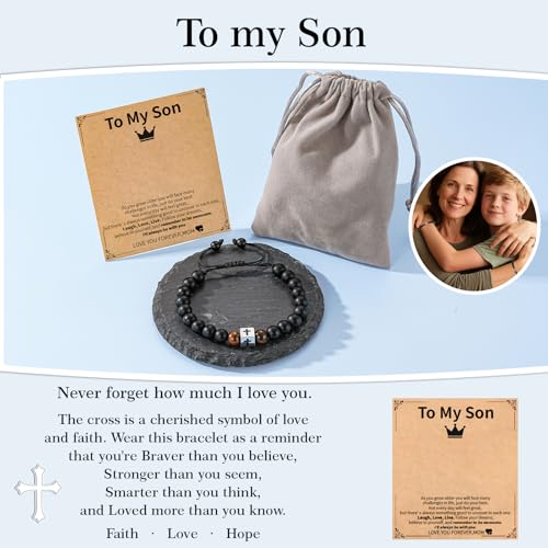 Cross Bracelet Beads Christian Bracelet for Boys Birthday Religion Gifts - style: To My Son from Mom