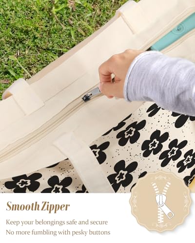 Miss Adola Large Tote Bag for Women - Canvas Tote Bag with Zipper Aesthetic Reusable Shoulder Bag for Gym, Travel, Work - style: Bk Spot Flower