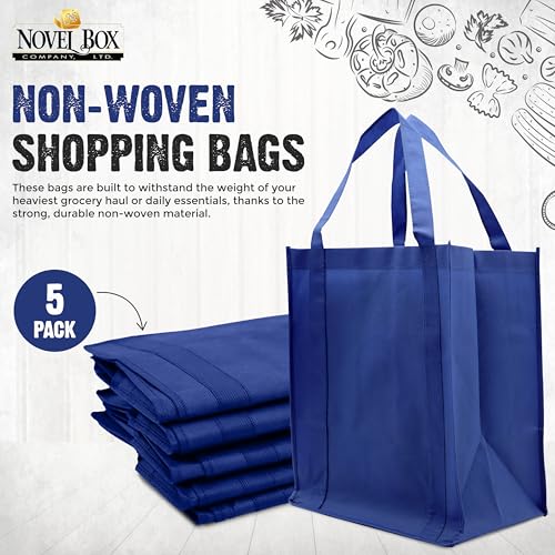 Novel Box 5Pack Non-Woven Reusable Reinforced Tote Bags 13x15x10in with Handle-Heavy Duty Foldable Bag for Groceries & Picnic - color: Royal Blue