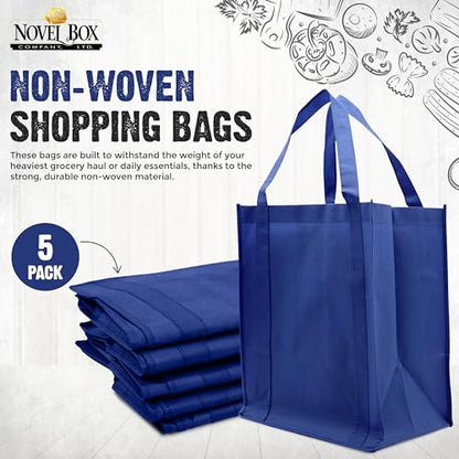 Novel Box 5Pack Non-Woven Reusable Reinforced Tote Bags 13x15x10in with Handle-Heavy Duty Foldable Bag for Groceries & Picnic - color: Royal Blue