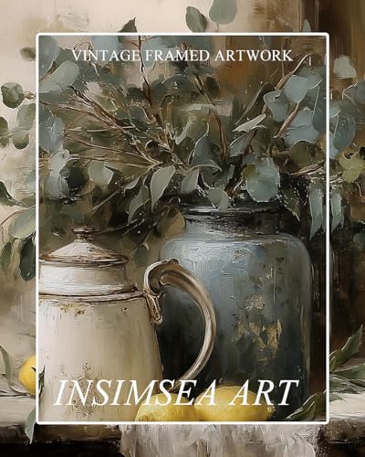InSimSea Framed Canvas Wall Art, Teapot and Lemons Still Life Art, 10x8 In - color: Lemon Eucalyptus Leaves
