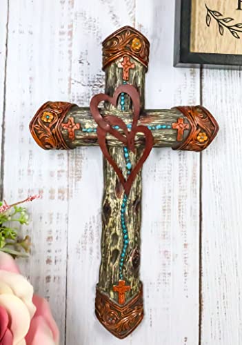 Ebros Gift Rustic Western Farmhouse Tooled 2 Intertwined Hearts Valentine Floral Scrollwork Turquoise Beads Wall Cross Decor Plaque Christian Catholic Decorative Accent Crosses