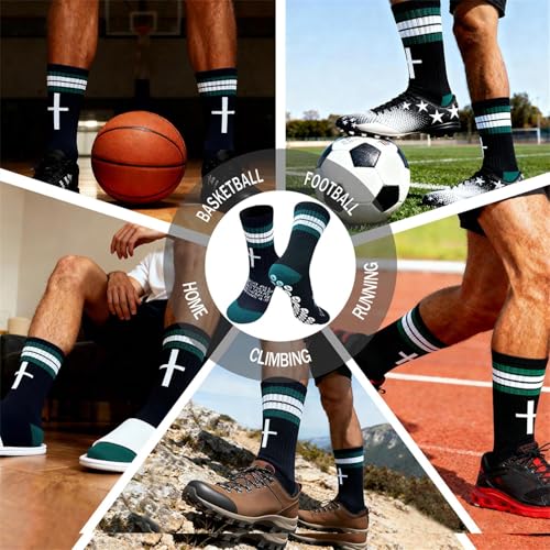 3 Pairs Cross Socks with Bible,Philippians 4: 13 Christian Socks US 6-13, Grip Sport Sock for Football, Soccer, Gym - color: Black Green