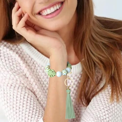 SHINYHARBOR Silicone Beaded Wristlet Keychain Bracelet,Key Wrist Keychains for Women Mom Teachers Best Friend - color: Leaf-green
