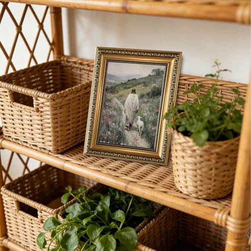 Gold Framed Jesus Shepherd Wall Art Jesus Leaves the 99 Sheep 8x10in - color: Gold Framed-06, size: 10"L x 8"W