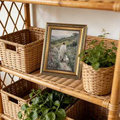 Gold Framed Jesus Shepherd Wall Art Jesus Leaves the 99 Sheep 8x10in - color: Gold Framed-06, size: 10"L x 8"W