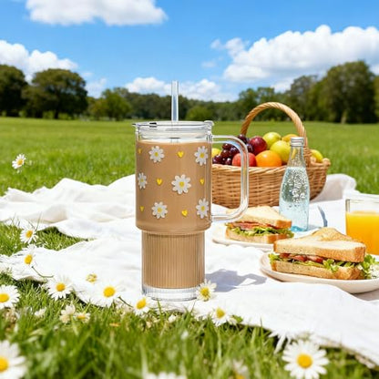 INSETLAN 26 oz Glass Tumbler with Handle, 2-Pack Iced Coffee Cups - color: 2 Pcs - Daisy