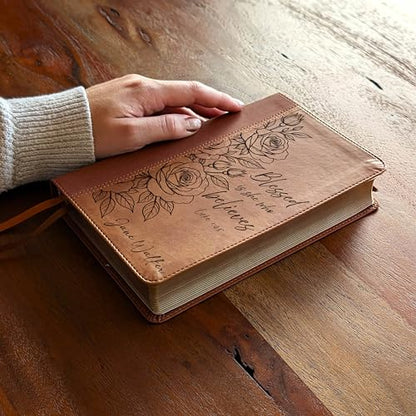 Personalized NIV Personal Size Bible – Large Print Brown Leathersoft Faux Leather | Custom Name Engraved | Red Letter Comfort Print Edition with Ribbon Markers & Portable Design (Brown Rose Blessed is She)