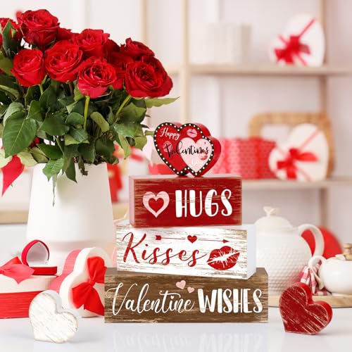 Britimes Tiered Tray Decor Set, 4 Pack, Wooden Table Sign, Heart Kisses - style: Be Mine Gift Valentine