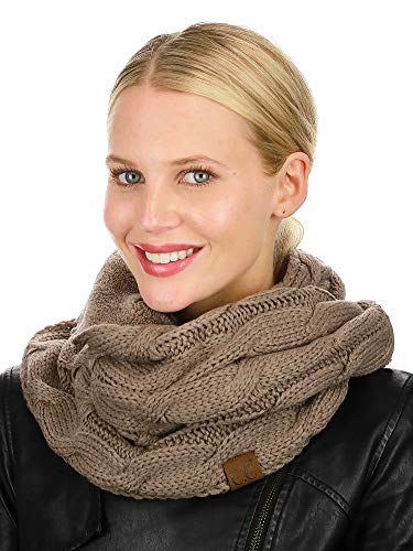 C.C Women's Winter Cable Knit Sherpa Lined Warm Infinity Pullover Scarf - color: Taupe