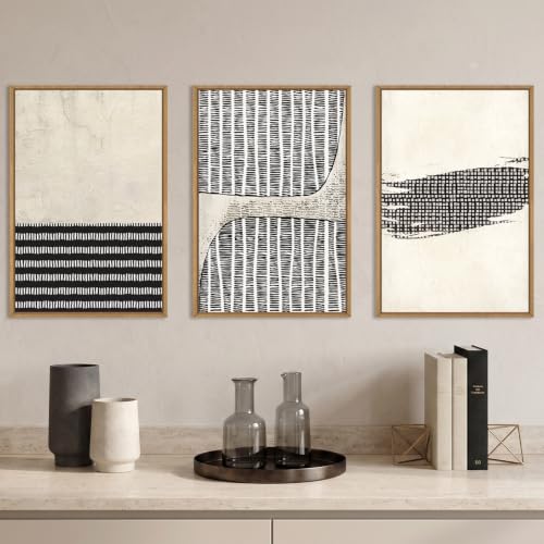 Aryroi Black Beige Abstract Minimalist Framed Canvas Wall Art Set-24"x36"x3 - color: Black White Dot Wall Art, size: 24"L x 36"W