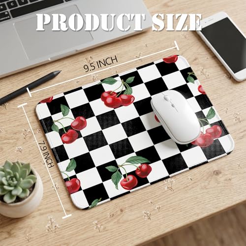 Black Checkered Cherry Mouse Pad, Black and White Checkerboard Cherry Girly Aesthetic Mouse Pad for Home Office Computer Laptop Desk Accessories, 9.5x7.9 Inch - color: Black Checkered Cherry