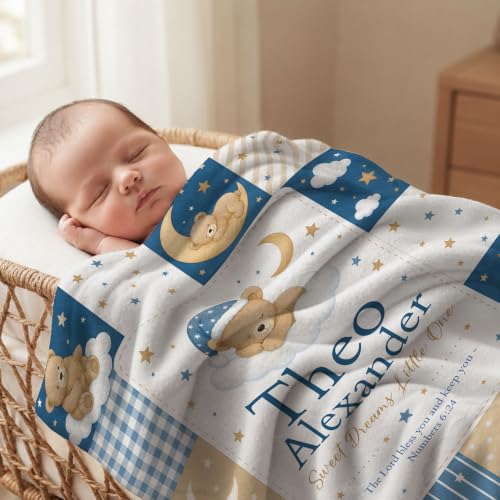 Personalized Teddy Bear Moon Baby Blanket, Custom Baby Name Blanket - color: Blue #4
