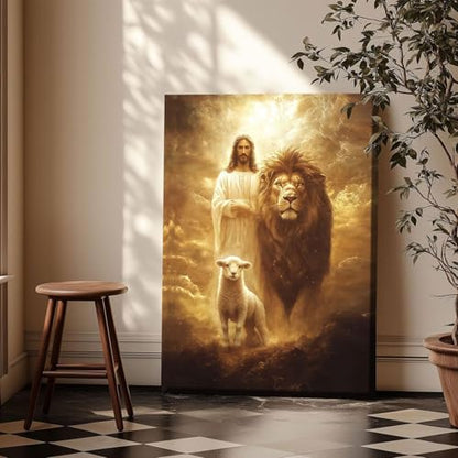 RJETZMU Jesus Lion and Lamb Christian Canvas Art, Gallery Wrapped, 12x16 - color: Golden Jesus, size: 16"L x 12"W