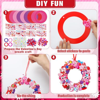 Hollowfly 48 Sets Valentine DIY Heart Wreath Craft Kits for Kids Activities - style: Happy Valentine‘s Day