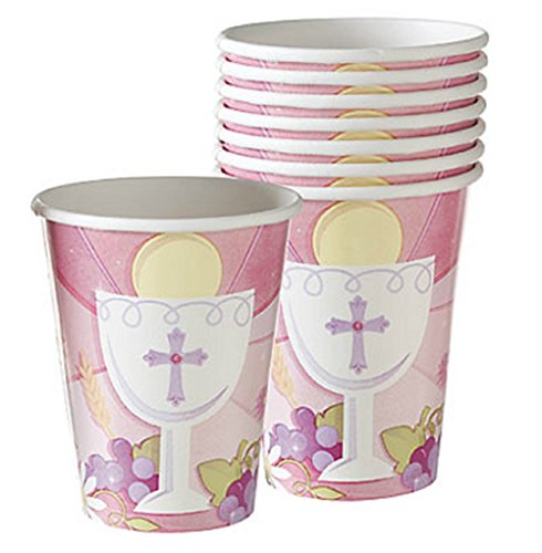 Amscan Pink First Communion Paper Cups for Religious Party Hot and Cold Beverage, Pink, 9 oz