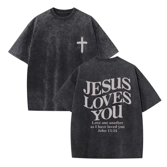 Christian Shirt for Men Jesus Loves You Shirt Oversized Acid Wash Tops - color: Darkgrey, size: Small