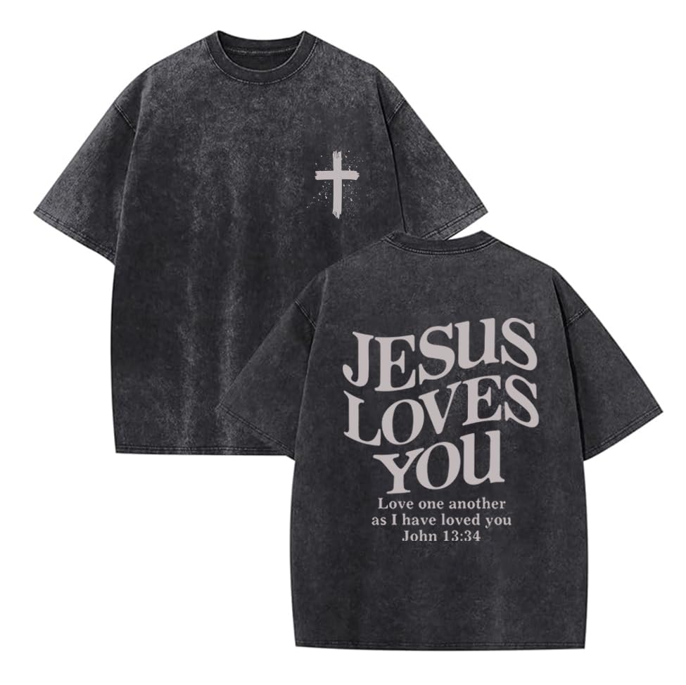 Christian Shirt for Men Jesus Loves You Shirt Oversized Acid Wash Tops - color: Darkgrey, size: X-Large