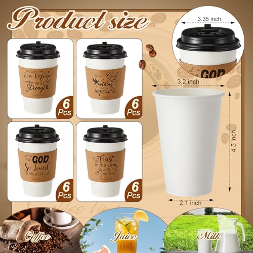 Jingmore 24 Set 12oz Christian Coffee Cups with Lids and Sleeves Disposable Bible Verse Paper Hot Cups for Religious Party Favors Sunday School Church Baptism