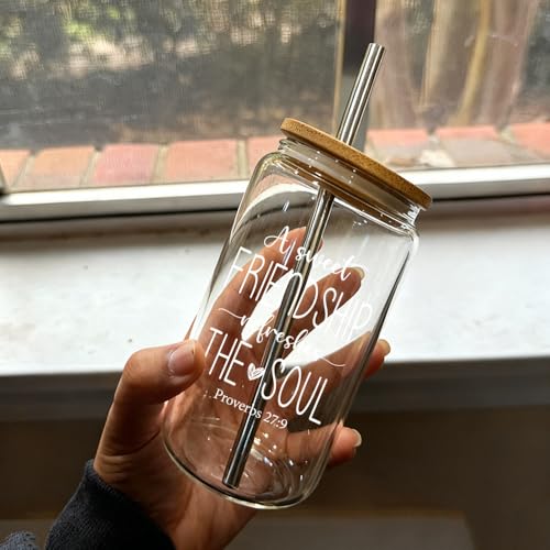 A Sweet Friendship Refreshes The Soul Christian Gifts for Women, Friendship Gifts for Women Sister Friends, Bible Verses Glass Cups Tumbler Cups W Lids Straws, Inspirational Religious Birthday Cup
