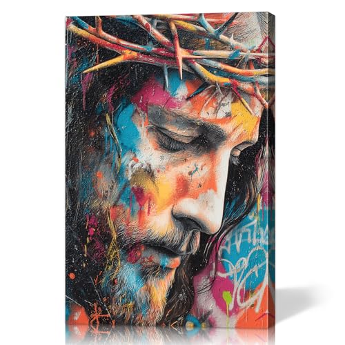 Jesus Wall Art Crown of Thorns Christian Home Decor with Built-in Wooden Frame - Jesus Pictures for Wall & Religious Pictures Graffiti Art for Living Room & Bedroom - Lightweight & Easy Hanging, 12x18 Inches - color: Art-43, size: 18"L x 12"W