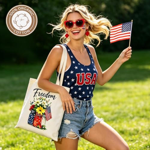 Canvas Tote Bag with Zipper, Halloween Trick or Treat Bags for Kids Bulk - color: [A0] Freedom - Beige