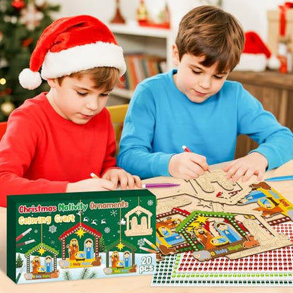 BeYumi Christmas Wooden House Craft - 20Pcs DIY Wooden House Ornaments Craft Kit for Kids Make Your Own Nativity Decor Christian Religious Xmas Crafts with Gem Sticker Church Party Decoration Supplies - style: Nativity House