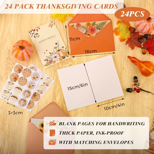 Thboxes 24 Pack Thanksgiving Cards with Envelopes, 4 x 6 in Bulk Thanksgiving Cards with Stickers, 6 Designs Thanks & Blessings Greeting Card Boxed for Fall Autumn Holiday Happy Harvest Party - style: Thanksgiving Card