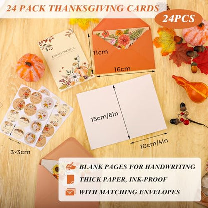 Thboxes 24 Pack Thanksgiving Cards with Envelopes, 4 x 6 in Bulk Thanksgiving Cards with Stickers, 6 Designs Thanks & Blessings Greeting Card Boxed for Fall Autumn Holiday Happy Harvest Party - style: Thanksgiving Card