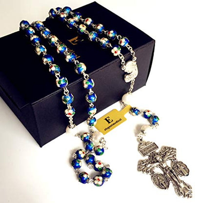 elegantmedical Handmade NICE Blue CLOISONNE & 10mm Pearl BEADS ROSARY NECKLACE Italy Parden cross Crucifix Catholic gift