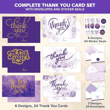 Decorably 24 Pack Glittery 6x4in Purple Thank You Cards with Envelopes - style: Purple