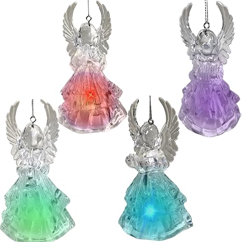 Lighted Acrylic Angel Christmas Ornaments Set of 4, Clear LED Angel Figurines with Reading Book, Horn, Harp & Praying Designs, 4.25 Inch Hanging Angel Tree Decorations, Religious Holiday Décor