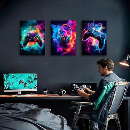 WENGTIAO 3Pcs Neon Gamepad Headphones Canvas Wall Art Prints 16"x24" - color: Cool Game Controller, size: 16"x24"x3Pcs