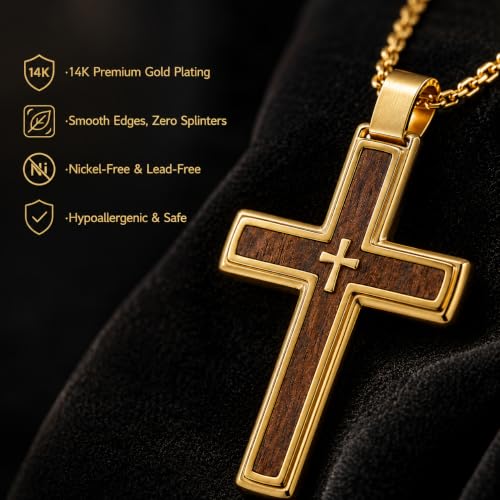 14K Gold Plated Wood Cross Necklace for Men Christian Pendant Jewelry - color: A02-Cross