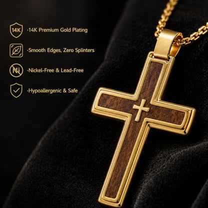 14K Gold Plated Wood Cross Necklace for Men Christian Pendant Jewelry - color: A02-Cross