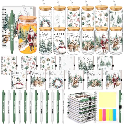 Skylety 12 Set Bulk 16 oz Green Glass Cups with Lids Straws Xmas Notebook Sticky Note Pens for Employee Appreciation Women Students School Office Holiday Party Favors - style: Green Christmas