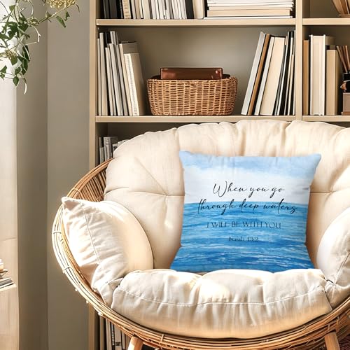 Coastal Beach Christian Throw Pillow Covers 18x18 Inch, Blue Ocean Beach Bible Verse Decorative Pillow Cover for Bedroom Living Room Couch Sofa, Religious Accent Pillows Cover Pillowcases
