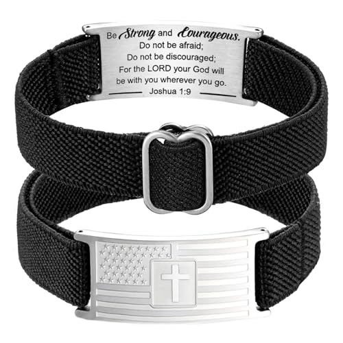 Easter Basket Stuffers - American Flag Cross Bracelet for Boys Men Freedom Adjustable Strap Christian Bracelets Engraved Bible Verses Inspirational Messages Religious Prayer Jewelry Gift Military Patriotic Wristbands - color: Silver, size: Joshua 1:9