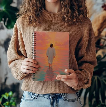 bitCNY Inspirational Christian Notebook – Jesus Walking Into Sunset – Spiritual Faith Journal with Colorful Sky, Spiral Bound 5.5x8.3 Inches - color: white-Pink-Orange Sky
