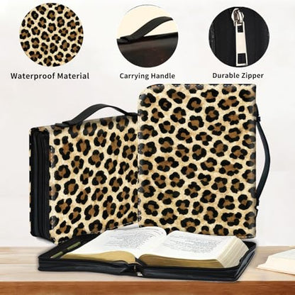 Bible Cover for Women Large PU Leather Zippered Bible Case with Handle and Animal Leopard Design, Christian Bible Bag for Girls & Women, Cover Fits Standard 9.5"x7.5"x2.3" Bible - color: Animal Leopard