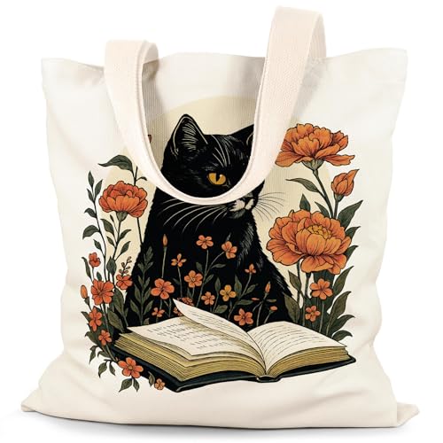 Canvas Tote Bag Aesthetic for Women, Cute Tote Bag with Zipper Pocket, Heavy Duty Reusable Shopping Bags for Grocery - color: 04-cat Floral
