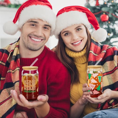 Glass Cups with Lids and Straws, 6Pack, 16oz, Christmas Candy - style: Gingerbread Tree
